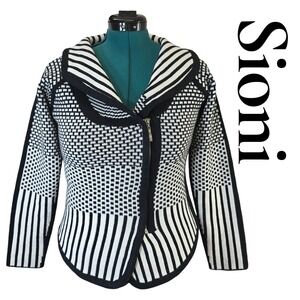 Sioni Cardigan Sweater Womens S Black White Wool Blend Geometric Zip Moto Chic